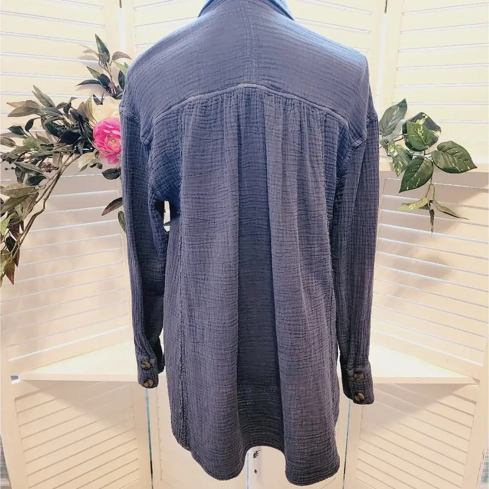 FREE PEOPLE XS ALL ABOUT THE FEELS BLUE BUTTON DOWN TUNIC SIZE XS